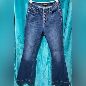 Judy Blue High Rise Button Fly Wide Leg Trouser Flair Jeans-Dark Blue
